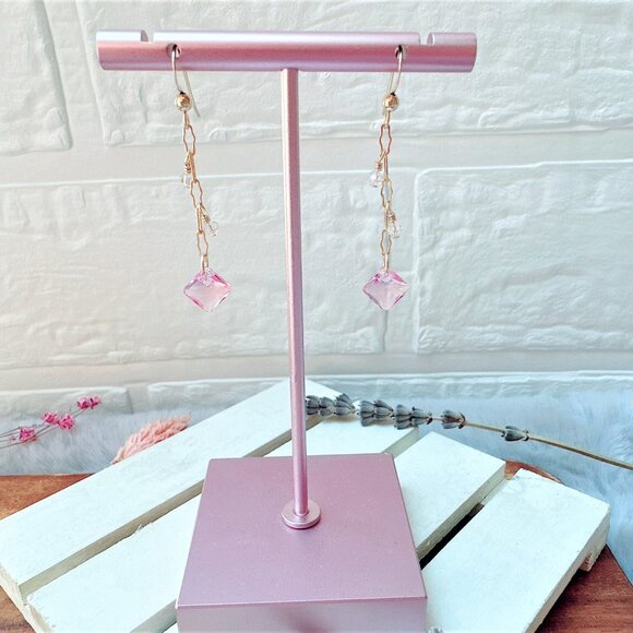 New Dainty Princess Cut Crystal Long Chain Earrings | Handmade in BC - Picture 2 of 4